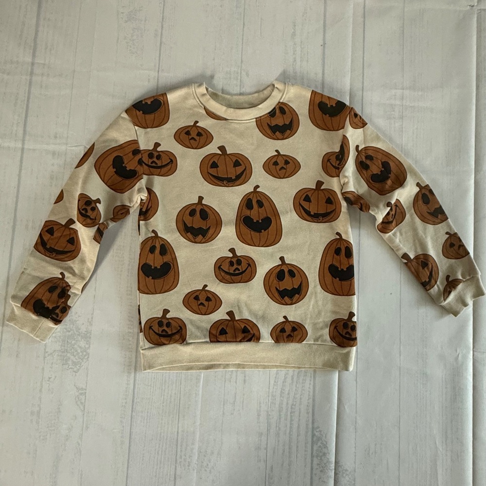 HM Kids Halloween Pumpkin Sweatshirt Beige Jack-O-Lantern Pullover Size 6X/7